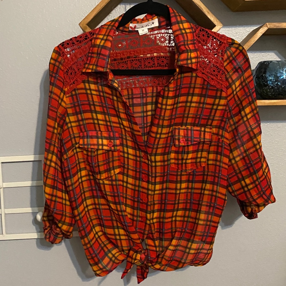 Excuse Me Miss Warm Plaid Tie Front Blouse